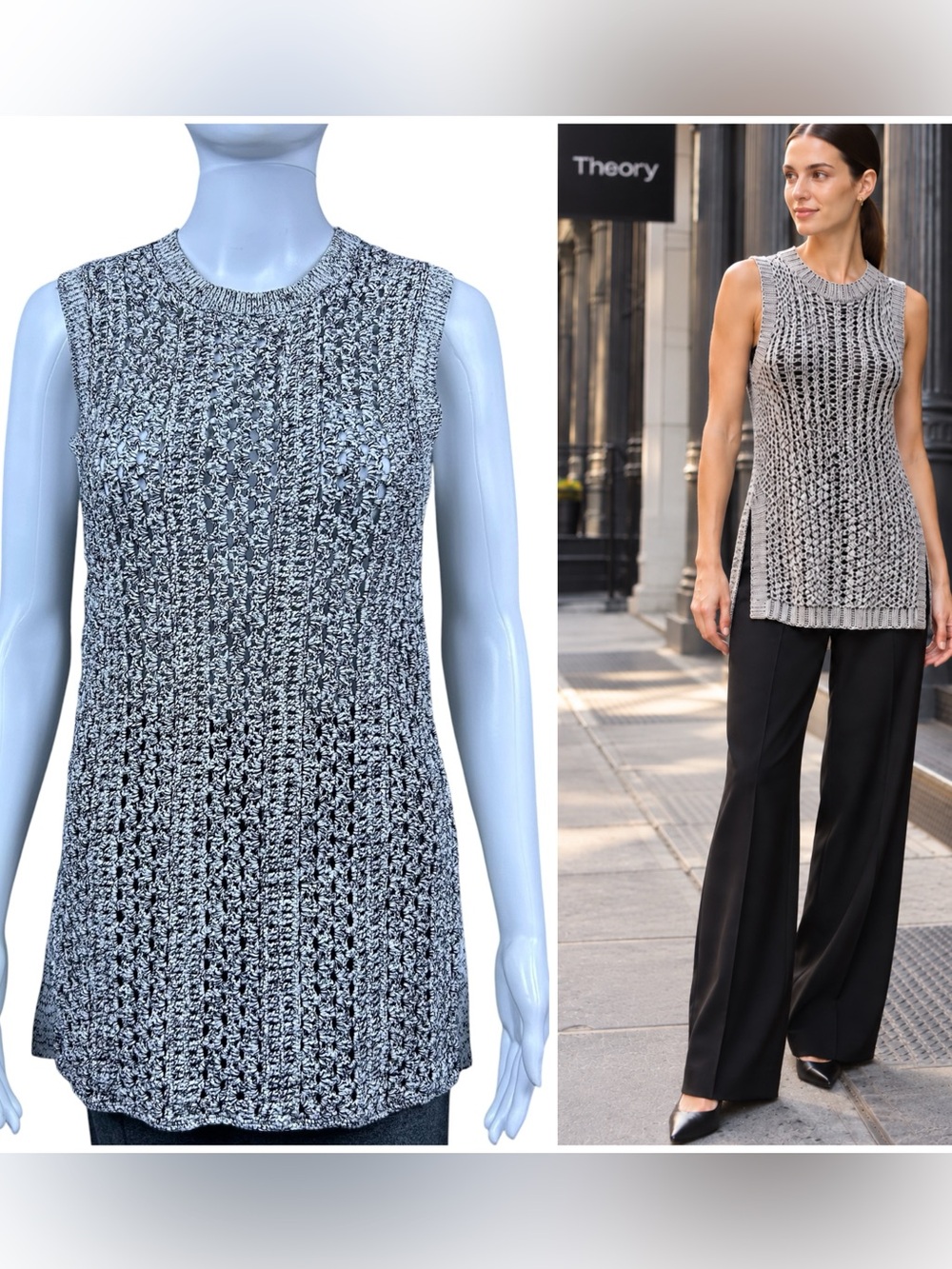 Theory Meenalye Crochet Knit Tunic Sweater Womens L Linen Blend Sleeveless Boho